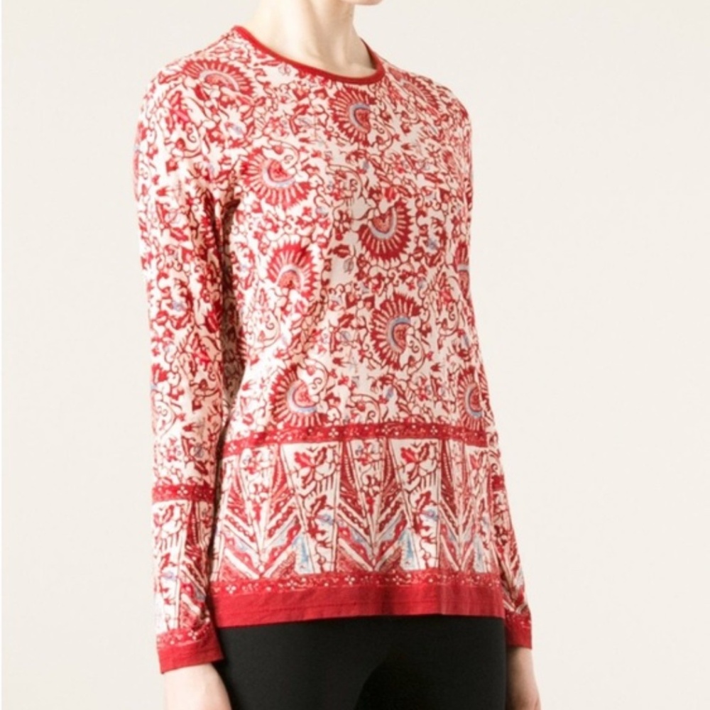 Tory Burch Long Sleeve Pima Cotton Red Bordered Floral Fan Long Sleeve Tee M
